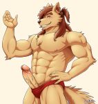  abs anthro brown_hair canid canine canis fuchikobaku genitals hair hi_res humanoid long_hair male mammal muscular nipples penis smile wolf yellow_body 