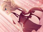  1girl akai_haato ass bangs blonde_hair blue_eyes blush breasts cameltoe fang hair_ornament heart heart_hair_ornament highres hololive huge_ass large_breasts lingerie long_hair looking_at_viewer magowasabi nightgown on_bed open_mouth ribbon skin_fang solo underwear very_long_hair virtual_youtuber 