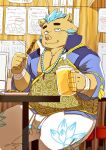  2022 alcohol anthro beer beverage blue_hair bottomwear brown_body clothed clothing detailed_background food gouryou hair hisbam_hisbam humanoid_hands kemono lifewonders male mammal overweight overweight_male pants sitting solo suid suina sus_(pig) tokyo_afterschool_summoners video_games wild_boar 