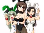 3girls anchovy_(girls_und_panzer) animal_ears arm_grab asymmetrical_bangs bangs black_bow black_hair black_leotard black_necktie black_pantyhose black_ribbon bow bowtie breast_hold breasts brown_eyes cleavage closed_mouth detached_collar drill_hair fake_animal_ears fishnet_pantyhose fishnets girls_und_panzer green_hair hair_ribbon leotard light_frown long_hair looking_at_viewer medallion medium_breasts multiple_girls necktie nishi_kinuyo nishizumi_maho one_eye_closed oosaka_kanagawa open_mouth pantyhose peeking_out playboy_bunny rabbit_ears red_bow red_bowtie red_eyes ribbon shiny shiny_skin short_hair side-tie_leotard smile standing strapless strapless_leotard twin_drills twintails upper_body waving white_leotard wrist_cuffs 