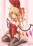  1girl :d animal_ears blonde_hair bow bowtie breasts crystal detached_collar fishnet_thighhighs fishnets flandre_scarlet full_body garter_straps highres leotard looking_at_viewer medium_hair naegi_(naegidokoro) one_side_up open_mouth rabbit_ears rabbit_tail red_bow red_bowtie red_eyes red_leotard seiza sitting small_breasts smile solo tail thighhighs touhou wings wrist_cuffs 