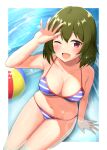  1girl ;d arm_support ball beachball bikini blush breasts cleavage collarbone green_hair idolmaster idolmaster_million_live! karua_(karua23) lens_flare light_rays looking_at_viewer medium_breasts nagayoshi_subaru navel one_eye_closed red_eyes shading_eyes smile solo striped striped_bikini swimsuit 