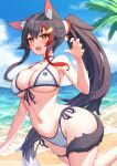  1girl :d animal_ears beach bikini black_choker black_hair blue_sky breasts choker claw_pose cloud day deaver fang foot_up hair_ornament highres hololive large_breasts long_hair multicolored_hair navel ocean ookami_mio open_mouth orange_eyes outdoors pendant_choker pony red_hair side-tie_bikini_bottom sidelocks sky smile solo stomach streaked_hair swimsuit tail thigh_strap very_long_hair virtual_youtuber wet white_bikini wolf_ears wolf_girl wolf_tail 