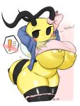  accessory annabee_(woebeeme) antennae_(anatomy) areola arthropod arthropod_abdomen bee big_breasts biped blush bow_ribbon breasts clothed clothing exclamation_point female hair_accessory hair_bow hair_ribbon hi_res hymenopteran insect insect_wings jacket legwear looking_at_viewer neck_tuft nipples panties panties_down partially_clothed raised_clothing raised_shirt raised_topwear ribbons shirt simple_background solo solo_focus speech_bubble stinger text thick_thighs thigh_highs topwear tuft underwear underwear_down watermark white_background wings woebeeme yellow_body 