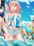  3girls 4boys :d ball bangs bare_arms bare_shoulders beach beachball bikini black_hair black_headwear bow breasts cleavage cloud collarbone cowboy_shot danganronpa_(series) danganronpa_2:_goodbye_despair day flipped_hair frilled_bikini frills galaga geruidoshifa green_bow hair_bow hair_ornament hinata_hajime holding holding_ball holding_beachball komaeda_nagito kuzuryuu_fuyuhiko large_breasts long_hair medium_hair mioda_ibuki multiple_boys multiple_girls navel open_mouth outdoors saionji_hiyoko short_hair smile souda_kazuichi stomach swimsuit twintails wading white_bikini 