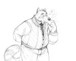  2022 anthro belly biped bottomwear clothing exclamation_point humanoid_hands male mammal necktie overweight overweight_male pants procyonid raccoon simple_background solo vonzent 