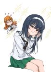  2girls bangs black_hair black_neckerchief blunt_bangs breasts brown_eyes commentary feet_out_of_frame girls_und_panzer green_skirt hairband heart highres large_breasts long_hair long_sleeves looking_at_viewer multiple_girls neckerchief ooarai_school_uniform orange_eyes orange_hair pleated_skirt reizei_mako sailor_collar school_uniform serafuku shirt sitting skirt smile solo_focus takebe_saori thick_eyebrows urouchi white_hairband white_sailor_collar white_shirt 