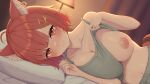  1girl animal_ear_fluff bangs bed_sheet breasts camisole_lift cleavage closed_mouth collarbone covered_nipples hair_ornament hairclip highres lamp large_breasts lips looking_at_viewer lying nijisanji nipples on_bed on_side one_breast_out pillow ratna_petit red_eyes red_hair short_hair smile solo tail upper_body virtual_youtuber x_hair_ornament yukamikayu 