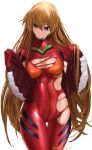  1girl absurdres blonde_hair blue_eyes bodysuit bracer breasts hair_down highres jacket large_breasts long_hair long_sleeves multicolored_bodysuit multicolored_clothes multicolored_jacket neon_genesis_evangelion open_clothes open_jacket orange_bodysuit pilot_suit plugsuit porko rebuild_of_evangelion red_bodysuit red_jacket souryuu_asuka_langley torn_bodysuit torn_clothes two-tone_jacket very_long_hair white_jacket 