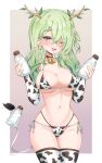  1girl ;d animal_ears animal_print antlers ass_visible_through_thighs bell bikini black_choker blush border bottle branch breasts ceres_fauna choker cow_print cow_tail cowbell dot_nose dual_wielding eyes_visible_through_hair flower green_hair groin hair_flower hair_ornament hair_over_one_eye highres holding holding_bottle holding_with_tail hololive hololive_english large_breasts layered_bikini leaf long_hair looking_at_viewer milk_bottle mole mole_under_eye navel neck_bell one_eye_closed open_mouth prehensile_tail print_sleeves shunnukiki side-tie_bikini_bottom skindentation smile solo stomach swimsuit tail thighhighs virtual_youtuber white_border yellow_eyes 