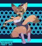  2020 5_fingers abstract_background accessory anthro artist_name biped blue_eyes bodysuit bow_ribbon breasts brown_hair butt canid canine clothed clothing digital_media_(artwork) female fennec fingers footwear fox full-length_portrait fur hair hair_accessory hair_bow hair_ribbon inner_ear_fluff kneeling looking_at_viewer looking_back looking_back_at_viewer mammal ponytail portrait ribbons seamen shaded shoes skinsuit solo tan_body tan_fur tight_clothing tuft 