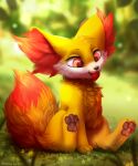  bloominglynx blurred_background brown_pawpads cheek_tuft chest_tuft eyelashes facial_tuft female fennekin feral fluffy fluffy_tail food food_in_mouth fruit fur generation_6_pokemon glistening glistening_eyes glistening_pawpads grass hi_res inner_ear_fluff neck_tuft nintendo open_mouth pawpads plant pokemon pokemon_(species) red_body red_eyes red_fur red_inner_ear_fluff red_tail sitting solo strawberry tuft video_games yellow_body yellow_ears yellow_fur yellow_tail 