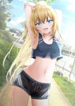  1girl absurdres blonde_hair blue_eyes highres kamesys long_hair navel open_mouth original smile solo thighhighs 