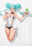  1girl apron aqua_eyes aqua_hair arm_tattoo bare_arms bare_legs bare_shoulders clothing_cutout company_name copyright_name cup double_bun drink drinking_straw english_text frilled_apron frills full_body goodsmile_racing grey_background hair_between_eyes hair_bun hairband hands_up hatsune_miku highres holding holding_tray ice ice_cube jumping leg_tattoo legs_up maid neco official_art open_mouth outstretched_arm promotional_art racing_miku racing_miku_(2022) shadow simple_background sleeveless smile solo tattoo teeth tray upper_teeth white_footwear white_hairband wrist_cuffs 