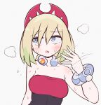  1girl arm_wrap blonde_hair blue_eyes breasts fanning_self hairband irida_(pokemon) jewelry kurachi_mizuki neck_ring open_mouth pokemon pokemon_(game) pokemon_legends:_arceus red_hairband red_shirt shirt short_hair simple_background small_breasts solo strapless white_background 