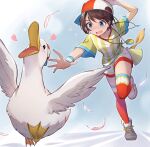  1girl absurdres animal aqua_eyes backwards_hat bangs baseball_cap bird brown_hair chasing duck hat heart highres holding holding_clothes holding_hat hololive looking_at_another loose_clothes loose_shirt megaphone oozora_subaru oversized_clothes oversized_shirt reaching_out red_headwear running shirt shoes short_hair short_shorts short_sleeves shorts sneakers stopwatch stopwatch_around_neck striped striped_shirt subaru_duck sweatband swept_bangs t-shirt thighhighs tied_shirt tokisaka_makoto two-tone_headwear v-neck vertical-striped_shirt vertical_stripes virtual_youtuber whistle whistle_around_neck white_footwear white_headwear white_shirt white_shorts wristband yellow_shirt 