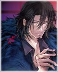  1boy black_hair blue_coat cigar coat eiyuu_densetsu ellroy_harwood facial_hair fur_coat goatee grey_shirt highres holding holding_cigar indoors kakyori_(serurand) kuro_no_kiseki medium_hair popped_collar purple_eyes scar scar_on_cheek scar_on_face shirt smirk 