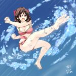  1girl air_bubble barefoot bikini bow breasts brown_hair bubble commentary_request dated drill_hair full_body hair_bow harukaze_(kancolle) kantai_collection kicking large_breasts long_hair official_alternate_costume pink_bikini red_bow red_eyes solo swimsuit tk8d32 twin_drills twitter_username underwater 