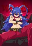  1girl absurdres antenna_hair bare_shoulders belt black_gloves blue_hair blush bracelet checkered_background closed_mouth copyright copyright_name cross crossed_arms disgaea disgaea_d2 fingerless_gloves fingernails gloves hair_between_eyes highres huge_antenna_hair jewelry laharl-chan long_hair looking_at_viewer navel outline pants patterned patterned_background pink_outline pointy_ears purple_belt red_eyes red_pants red_scarf scarf sitting solo spiked_hair takoongyi torn torn_clothes torn_scarf very_long_hair 