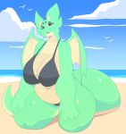  absurd_res alwaysfaceleft anthro beach belly big_breasts big_tail bikini black_clothing breasts brown_eyes claws clothing detailed_background dragon fangs female green_body green_eyelashes green_scales green_tail green_wings hi_res horn huge_thighs kobold marilin_(inkplasm) navel open_mouth outside scales seaside sky solo swimwear thick_thighs tongue underwear white_body white_scales white_wings wide_hips wings 
