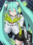  1girl absurdres aqua_eyes aqua_hair asymmetrical_bodysuit bangs black_bodysuit black_gloves bodysuit covered_navel cowboy_shot cropped_jacket gloves gmonya goodsmile_racing green_gloves hair_between_eyes hairpods hands_up hatsune_miku highres jacket long_sleeves looking_at_viewer one_eye_closed race_queen racing_miku racing_miku_(2022) shrug_(clothing) single_thighhigh smile solo thighhighs twintails two-tone_gloves vocaloid white_jacket 