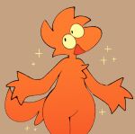  4_fingers ambiguous_gender anthro avian bird feather_tuft feathers fingers hair open_mouth orange_body orange_feathers simple_background smile solo sparkles squishy_(artist) tuft wide_hips zac_(squishy) 