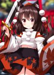  1girl animal_ear_fluff animal_ears autumn_leaves bangs bare_shoulders black_skirt blurry blurry_background blush breasts brown_hair closed_mouth commentary_request cosplay detached_sleeves hair_between_eyes hakurei_reimu hands_up hat highres holding holding_shield holding_weapon inubashiri_momiji inubashiri_momiji_(cosplay) leaf leaf_print long_sleeves looking_to_the_side medium_breasts navel one-hour_drawing_challenge outdoors pom_pom_(clothes) red_eyes red_headwear ruu_(tksymkw) shield shirt short_hair skirt smile solo standing sword tail tokin_hat torii touhou tree weapon white_shirt wide_sleeves wolf_ears wolf_tail 
