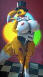  3d_(artwork) anthro bandai_namco big_breasts bow_tie breasts cane clothing digimon digimon_(species) digital_media_(artwork) female fluffy fluffy_hair hair hat headgear headwear hi_res nipples portrait renamon rubber rubber_clothing rubber_suit smile solo source_filmmaker stage stage_curtains stage_lights top_hat veryfluffy wide_hips 