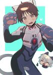  2boys animal_ears animal_hands blush border brown_eyes brown_hair cat_ears cat_paws cat_tail cowboy highres ikari_shinji looking_at_viewer male_focus multiple_boys nagisa_kaworu neon_genesis_evangelion open_mouth paw_pose plugsuit shirasunuko standing tail white_border white_hair 