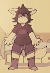  4_fingers bed bottomwear canid canine canis clothing domestic_dog fingers footwear fur furniture hair half-closed_eyes inner_ear_fluff male mammal messy_hair narrowed_eyes shirt shorts simple_background socks sog_(squishy) solo squishy_(artist) standing topwear tuft 