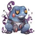  commentary_request croagunk full_body harinezumi_(hedgehog_25) looking_at_viewer no_humans orange_eyes painting_(medium) pokemon pokemon_(creature) slav_squatting solo squatting teeth traditional_media watercolor_(medium) white_background 