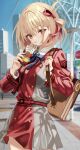  1girl backpack bag bangs blonde_hair blue_sky bob_cut cloud cowboy_shot day dress ferris_wheel grey_dress hair_ribbon highres juice_box looking_at_viewer lycoris_recoil lycoris_uniform nishikigi_chisato outdoors red_dress red_eyes red_ribbon ribbon school_uniform shino_(eefy) short_hair sky solo two-tone_dress 