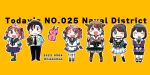  1boy 5girls admiral_(kancolle) apron badge black_hair black_skirt blue_eyes bob_cut brown_hair chibi commentary_request detached_sleeves dual_persona facing_viewer flipped_hair green_shirt green_skirt haguro_(kancolle) hair_bobbles hair_ornament headgear hiei_(kancolle) hiei_kai_ni_(kancolle) izumiyamisono japanese_clothes kantai_collection looking_at_viewer maya_(kancolle) maya_kai_ni_(kancolle) military military_uniform multiple_girls orange_background pink_eyes pink_hair plaid plaid_skirt pleated_skirt purple_eyes purple_shirt rabbit ribbon-trimmed_sleeves ribbon_trim sazanami_(kancolle) sazanami_kai_(kancolle) school_uniform serafuku shirt short_hair skirt sleeveless sleeveless_shirt twintails uniform v_arms waist_apron white_apron white_skirt wrist_cuffs x_hair_ornament 