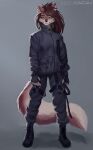  2022 5_fingers absurd_res anthro artist_name big_tail boots bottomwear cacuu canid canine canis clothing female fingers footwear fur hi_res mammal pants plantigrade skylar_zero smile solo topwear watermark wolf 