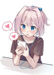  black_shirt blue_eyes cellphone collarbone earbuds earphones elbow_on_table hair_intakes heart highres holding holding_phone kantai_collection phone pink_hair shiranui_(kancolle) shirt short_hair short_ponytail simple_background smartphone speech_bubble spoken_heart sweat u_yuz_xx 