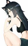  1girl alternate_costume animal_ear_fluff animal_ears arknights bare_arms bare_shoulders black_hair black_shorts breasts brown_eyes highres knee_up long_hair medium_breasts mikeekakiaka2 mouth_hold parted_lips short_shorts shorts simple_background sitting solo sports_bra texas_(arknights) white_background wolf_ears 