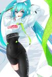  1girl aqua_eyes aqua_hair arms_up artist_name asymmetrical_bodysuit bangs black_bodysuit bodysuit covered_navel crop_top crop_top_overhang cropped_jacket flag flagpole flame_print goodsmile_company hair_between_eyes hairpods hatsune_miku highres holding holding_flag holding_pole jacket long_sleeves naminori222 open_mouth pole puffy_sleeves race_queen racing_miku racing_miku_(2022) shrug_(clothing) single_thighhigh smiley_face solo text_print thighhighs vocaloid white_background white_jacket 