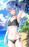  1girl absurdres aqua_hair arm_up armpits bangs beach bikini black_bikini black_ribbon blue_eyes blue_sky blush breasts closed_mouth cloud cloudy_sky collarbone colored_inner_hair commentary_request cowboy_shot frilled_bikini frills hair_ribbon highres hololive hoshimachi_suisei lis_111 long_hair looking_at_viewer multicolored_hair navel outdoors ribbon shadow shiny shiny_hair shiny_skin side-tie_bikini_bottom sidelocks skindentation sky small_breasts smile solo standing stomach swimsuit thighs virtual_youtuber wet 