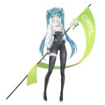 1girl absurdres aqua_eyes aqua_hair asymmetrical_bodysuit bangs black_bodysuit black_gloves bodysuit boots crop_top crop_top_overhang cropped_jacket flag flagpole full_body gloves goodsmile_racing hairpods hand_on_hip hatsune_miku highres holding holding_flag holding_pole jacket leeinhyeon_0402 long_hair looking_at_viewer pole race_queen racing_miku racing_miku_(2022) shiny shiny_clothes single_thigh_boot smile solo standing thigh_boots vocaloid 