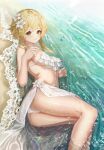  bangs bare_arms bare_shoulders beach bikini blonde_hair closed_mouth day esuma_gt feet_out_of_frame genshin_impact highres looking_at_viewer lumine_(genshin_impact) lying ocean on_side outdoors shore short_hair_with_long_locks sidelocks swimsuit thighs water wet white_bikini yellow_eyes 