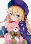  1girl artoria_caster_(fate) artoria_caster_(second_ascension)_(fate) artoria_pendragon_(fate) bear beret blonde_hair blue_bow blue_cloak blue_headwear blush bow cloak fate/grand_order fate_(series) green_bow green_eyes hair_between_eyes hair_bow hat highres holding long_hair long_sleeves looking_at_viewer ornament red_bow stuffed_animal stuffed_toy teddy_bear twintails user_ngzk8825 white_background 