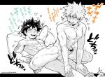  2boys abs anal bakugou_katsuki blush boku_no_hero_academia boy_on_top censored completely_nude greyscale heart heart_censor letterboxed lying male_focus monochrome multiple_boys nipples nude on_back open_mouth pectorals penis pillow reverse_cowgirl_position scar scar_on_hand sex spiked_hair spot_color straddling testicles translation_request yaoi yazaki_(yazakc) 