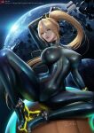  1girl artist_name bangs blonde_hair blue_eyes bodysuit breasts commentary_request covered_navel energy_gun high_ponytail holding holding_weapon lips long_hair looking_at_viewer medium_breasts metroid metroid_dread mole mole_under_mouth neon_trim paralyzer parted_lips planet ponytail sade_abyss samus_aran shiny shiny_clothes shiny_hair signature simple_background sitting skin_tight solo space weapon zero_suit 