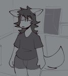  3_fingers anthro canid canine canis clothing domestic_dog ears_down fingers hair half-closed_eyes hallway male mammal messy_hair narrowed_eyes pivoted_ears rug shirt short_sleeves simple_background sog_(squishy) solo squishy_(artist) standing topwear underwear 