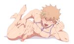  1boy bakugou_katsuki blonde_hair boku_no_hero_academia censored finger_heart hair_ornament highres looking_at_viewer lying male_focus mosaic_censoring nipples nude on_side open_mouth penis precum red_eyes simple_background spiked_hair sweat tongue tongue_out white_background yazaki_(yazakc) 