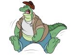  3_toes absurd_res alligator alligatorid angry anthro bottomwear brok_(character) brok_the_investigator clothing concept_art cowcatgames crocodilian feet green_body hat headgear headwear hi_res male official_art overweight overweight_male pants reptile scalie shirt simple_background solo toes topwear video_games 