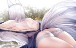 1girl absurdres animal_ears ass azur_lane bare_shoulders blue_kimono breasts commentary_request dated_commentary fox_ears fox_girl fox_tail from_behind highres japanese_clothes kimono long_hair lying medium_breasts multiple_tails on_stomach panties samip shinano_(azur_lane) sideboob tail thighs underwear white_hair white_panties 
