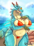  anthro areola areola_slip beach belly big_breasts bikini blue_body blue_scales blush breast_squish breasts capcom claws clothing electricity fangs female hand_on_breast hi_res horn huge_breasts lagiacrus leviathan_(mh) looking_at_viewer monster_hunter narrowed_eyes navel nipple_outline open_mouth ravieel red_eyes scales seaside solo spikes squish standing swimwear tan_body tan_scales thick_thighs video_games wet wide_hips 