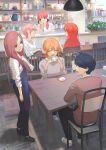  1boy 5girls ahoge apron bangs black_hair black_ribbon blue_apron blue_eyes brown_hair brown_sweater butterfly_hair_ornament chair closed_eyes commentary_request cup fork go-toubun_no_hanayome hair_ornament hair_ribbon holding holding_cup holding_fork holding_spoon holding_tray indoors komari_dame long_hair medium_hair multiple_girls nakano_ichika nakano_itsuki nakano_miku nakano_nino nakano_yotsuba open_mouth orange_hair pink_hair plate quintuplets red_hair ribbon shirt short_hair siblings sidelocks sisters sitting spoon standing striped striped_shirt sweater table teacup tray uesugi_fuutarou white_shirt 