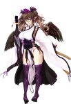  1girl absurdres bangs bow breasts brown_eyes brown_hair detached_sleeves feathered_wings foldable_phone geta glasses hair_bow hat highres himekaidou_hatate kourindou_tengu_costume loincloth long_hair medium_breasts pom_pom_(clothes) puffy_short_sleeves puffy_sleeves purple_bow purple_footwear sash short_sleeves sidelocks simple_background smile solo standing tachi-e tengu-geta thighhighs tk31 tokin_hat touhou transparent_background white_background wings zettai_ryouiki 